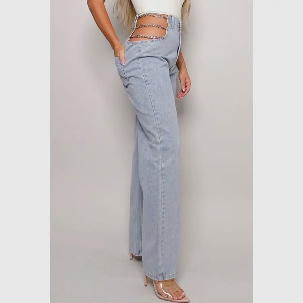 88-Y2K 90s Chic Chain Side Wide Leg Jeans - Picture 2 of 7